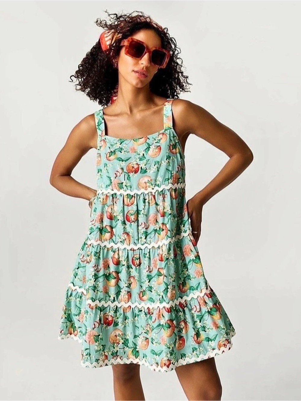 Posh Peanut Shoulder-Straps Linen Mini Dress mint & citrus/floral XL/XXL